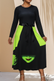 Casual Print Contrast O Neck Long Dresses
