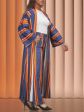 Casual Stripe Patchwork Cardigan Collar Long Sleeve Two Pieces