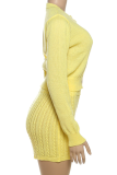 Casual Solid Color Buckle O Neck Long Sleeve Two Pieces