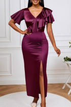 Elegant Solid Color Slit Flounce V Neck Long Dresses