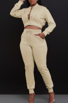 Casual Solid Color Buckle O Neck Long Sleeve Two Pieces