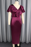 Elegant Solid Color Slit Flounce V Neck Long Dresses