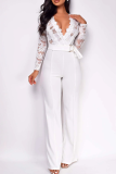 Casual Solid Color Lace With Belt V Neck Regular Jumpsuits