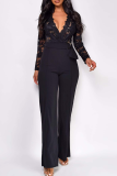 Casual Solid Color Lace With Belt V Neck Regular Jumpsuits