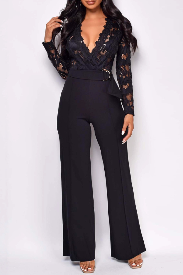 Casual Solid Color Lace With Belt V Neck Regular Jumpsuits