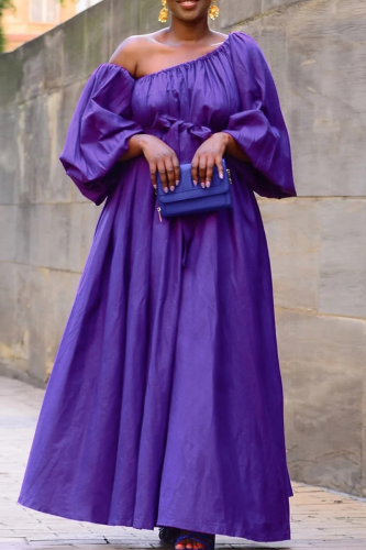 Elegant Solid Color Strap Design Oblique Collar Long Plus Size Dresses