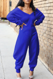 Casual Solid Color Patchwork V Neck Regular Jumpsuits