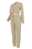 Casual Solid Color Buckle O Neck Long Sleeve Two Pieces