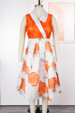 Elegant Print Contrast V Neck A Line Plus Size Dresses