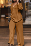 Casual Solid Color Patchwork V Neck Long Sleeve Two Pieces