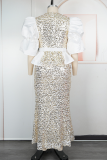 Elegant Solid Color Sequins O Neck Long Plus Size Dresses