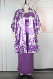 Casual Print Draw String Cardigan Collar Plus Size Two Pieces