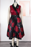 Elegant Print Contrast V Neck A Line Plus Size Dresses