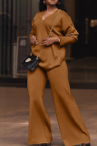 Casual Solid Color Patchwork V Neck Long Sleeve Two Pieces
