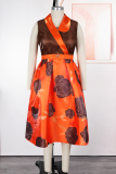 Elegant Print Contrast V Neck A Line Plus Size Dresses