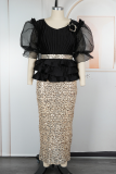 Elegant Solid Color Sequins Flower Shape O Neck Wrapped Skirt Plus Size Dresses