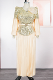 Elegant Solid Color Sequins With Belt V Neck Long Plus Size Dresses
