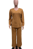 Casual Solid Color Patchwork V Neck Long Sleeve Two Pieces