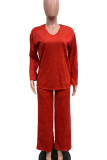 Casual Solid Color Patchwork V Neck Long Sleeve Two Pieces
