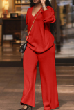 Casual Solid Color Patchwork V Neck Long Sleeve Two Pieces