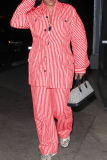 Casual Stripe Buckle Turndown Collar Long Sleeve Two Pieces