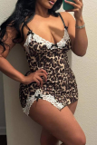 Sexy Leopard Print Lace Spaghetti Strap Wrapped Skirt Dresses