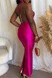 Sexy Solid Color Slit Pearls Decor Halter Long Dresses