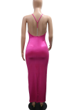 Sexy Solid Color Slit Pearls Decor Halter Long Dresses