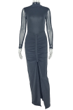 Elegant Solid Color Mesh O Neck Long Dresses