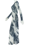 Sexy Print See-Through O Neck Long Dresses