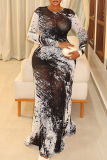 Sexy Print See-Through O Neck Long Dresses