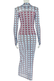 Elegant Print See-Through Turtleneck Wrapped Skirt Dresses