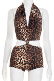 Sexy Leopard Print Backless Halter Regular Rompers