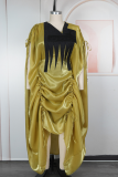 Casual Ruched Contrast V Neck Long Dresses