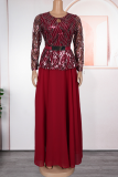 Elegant Solid Color Sequins With Belt O Neck Long Plus Size Dresses