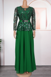 Elegant Solid Color Sequins With Belt O Neck Long Plus Size Dresses