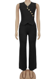 Casual Solid Color Buckle V Neck Sleeveless Two Pieces