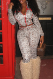 Casual Leopard Print Zipper Turndown Collar Long Sleeve Two Pieces