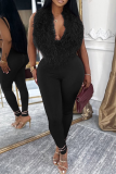Sexy Solid Color Backless Fluffy Deep V Neck Sleeveless Two Pieces