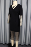 Elegant Solid Color Fringed Trim V Neck Long Dresses