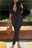 Sexy Solid Color Backless Fluffy Deep V Neck Sleeveless Two Pieces