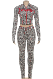 Casual Leopard Print Zipper Turndown Collar Long Sleeve Two Pieces