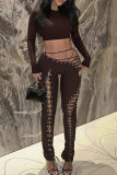 Sexy Solid Color Cross Straps O Neck Long Sleeve Two Pieces