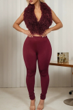 Sexy Solid Color Backless Fluffy Deep V Neck Sleeveless Two Pieces