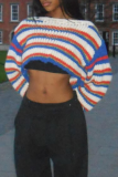 Casual Stripe Contrast O Neck Tops