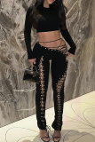 Sexy Solid Color Cross Straps O Neck Long Sleeve Two Pieces