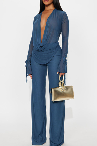 Casual Solid Color Ruched Deep V Neck Long Sleeve Two Pieces
