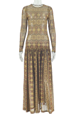 Elegant Print Patchwork O Neck Long Dresses