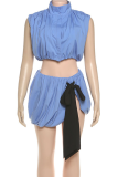 Sexy Solid Color Strap Design Mandarin Collar Sleeveless Two Pieces