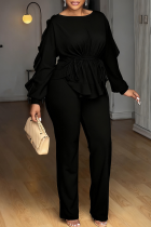 Casual Solid Color Draw String O Neck Long Sleeve Two Pieces